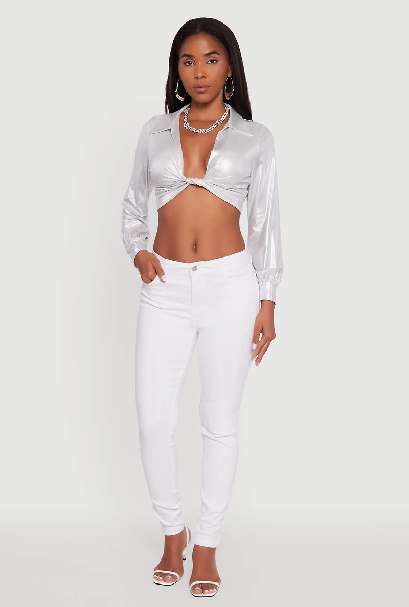 Womens Bubble Sleeve Twist Front Plunge Crop Top, White, Size S