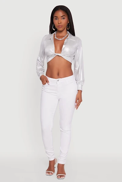 Womens Bubble Sleeve Twist Front Plunge Crop Top, White, Size S