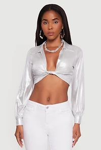 Womens Bubble Sleeve Twist Front Plunge Crop Top, White, Size S