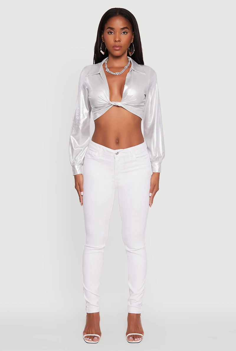 Womens Bubble Sleeve Twist Front Plunge Crop Top, White, Size S