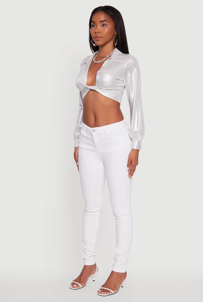 Womens Bubble Sleeve Twist Front Plunge Crop Top, White, Size S