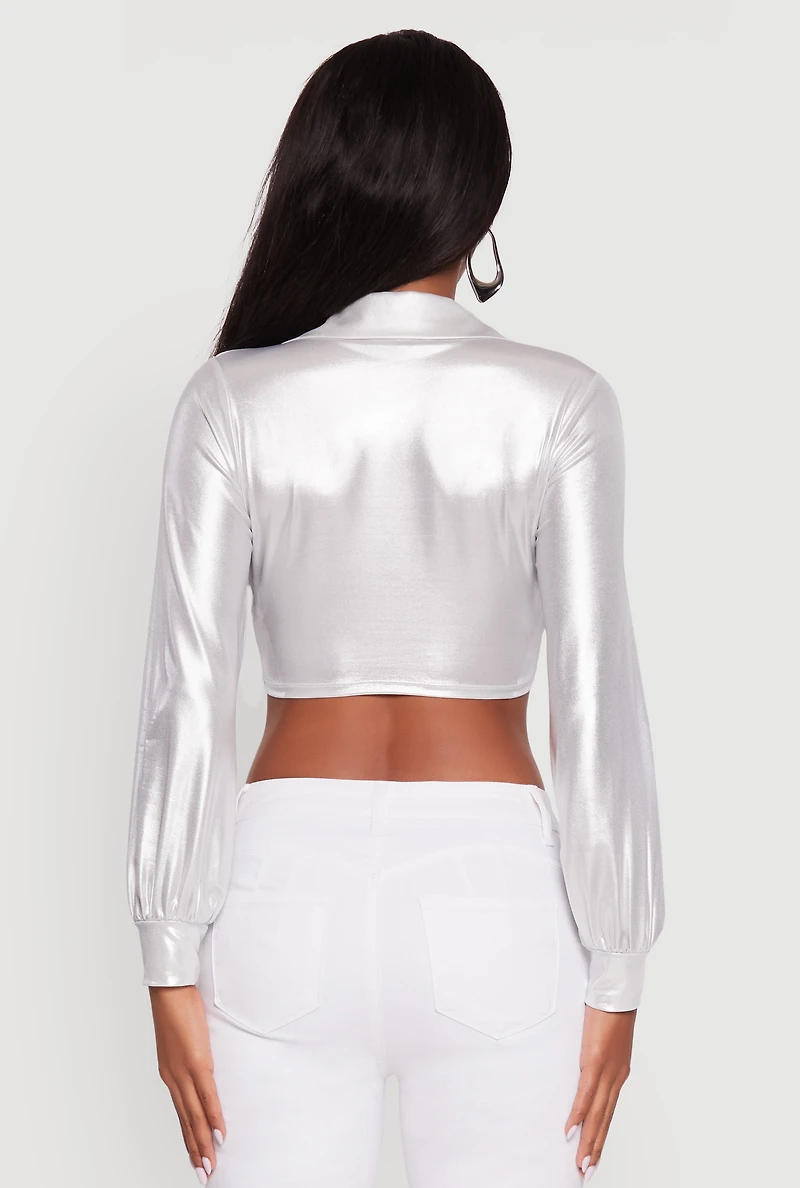 Womens Bubble Sleeve Twist Front Plunge Crop Top, White, Size S