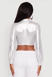 Womens Bubble Sleeve Twist Front Plunge Crop Top, White, Size S