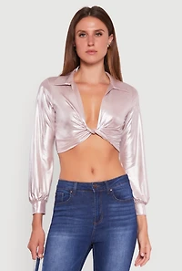 Womens Bubble Sleeve Twist Front Plunge Crop Top, Pink, Size S