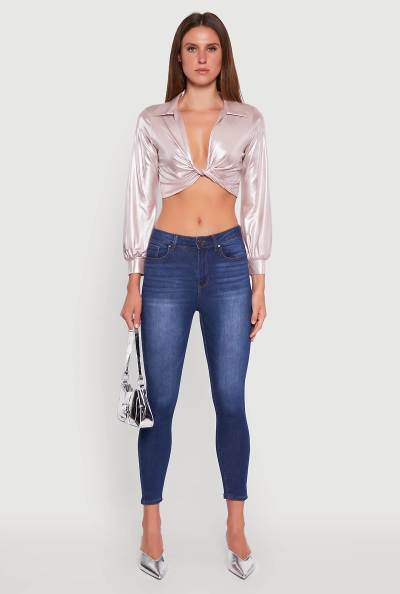 Womens Bubble Sleeve Twist Front Plunge Crop Top, Pink, Size S