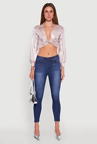 Womens Bubble Sleeve Twist Front Plunge Crop Top, Pink, Size S