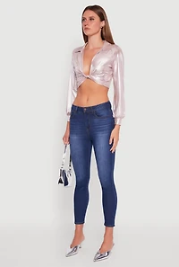 Womens Bubble Sleeve Twist Front Plunge Crop Top, Pink, Size L