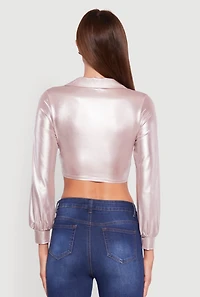 Womens Bubble Sleeve Twist Front Plunge Crop Top, Pink, Size S