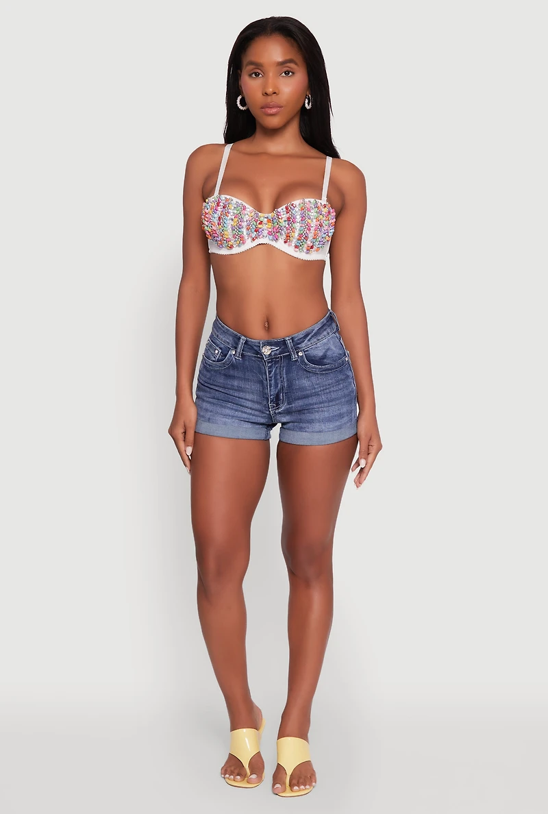 Womens Cropped Rhinestone Bustier Top, White, Size S