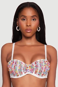 Womens Cropped Rhinestone Bustier Top, White, Size S