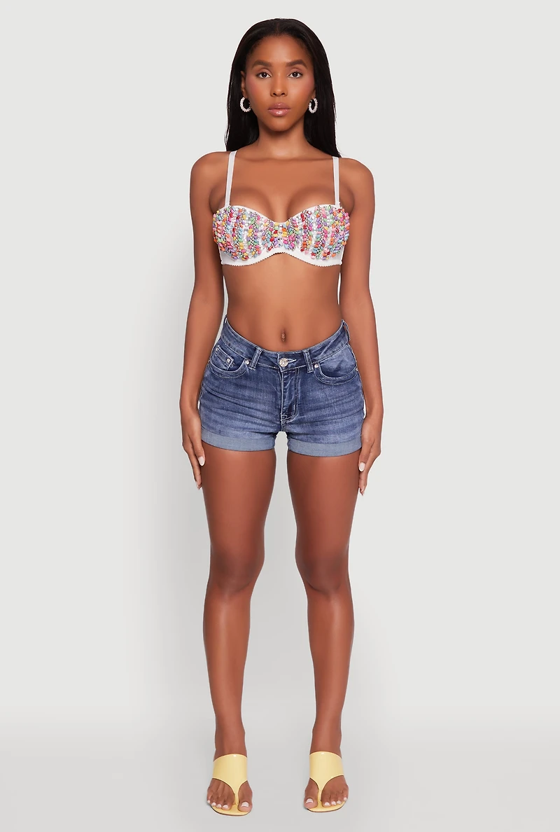 Womens Cropped Rhinestone Bustier Top, White, Size S