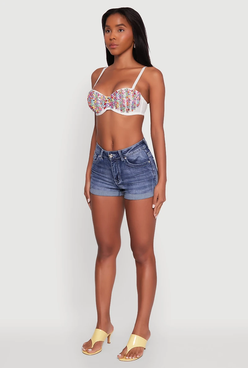 Womens Cropped Rhinestone Bustier Top, White, Size S