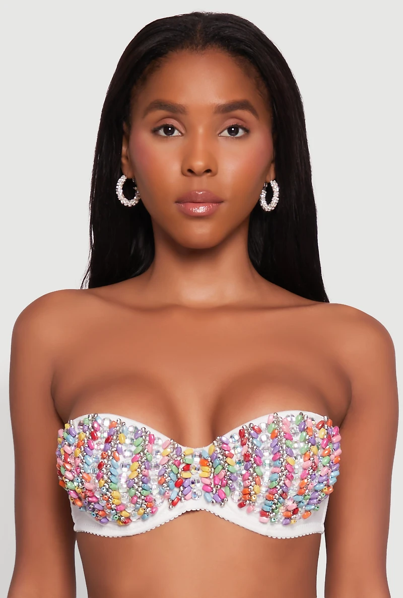 Womens Cropped Rhinestone Bustier Top, White, Size S