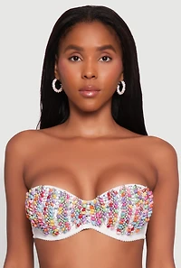 Womens Cropped Rhinestone Bustier Top, White, Size S