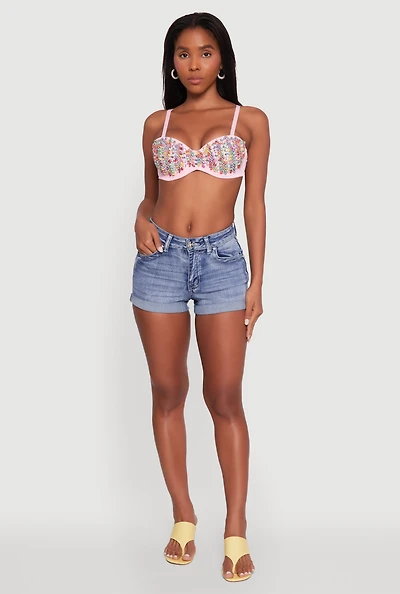 Womens Cropped Rhinestone Bustier Top, Pink, Size M
