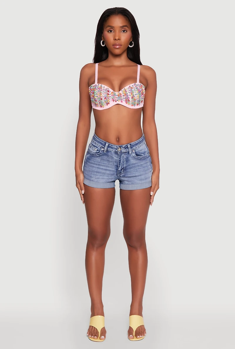 Womens Cropped Rhinestone Bustier Top, Pink, Size S