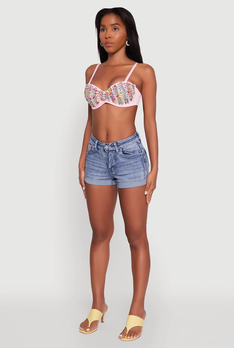 Womens Cropped Rhinestone Bustier Top, Pink, Size S
