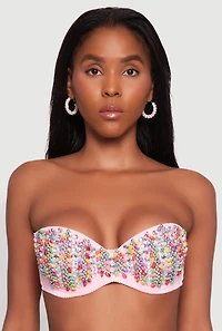 Womens Cropped Rhinestone Bustier Top, Pink, Size M