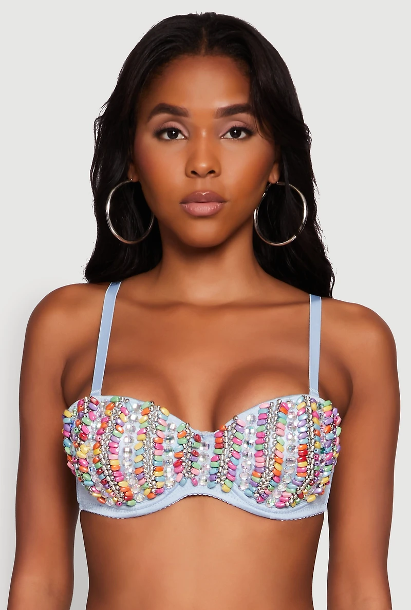 Womens Cropped Rhinestone Bustier Top, Multi, Size L