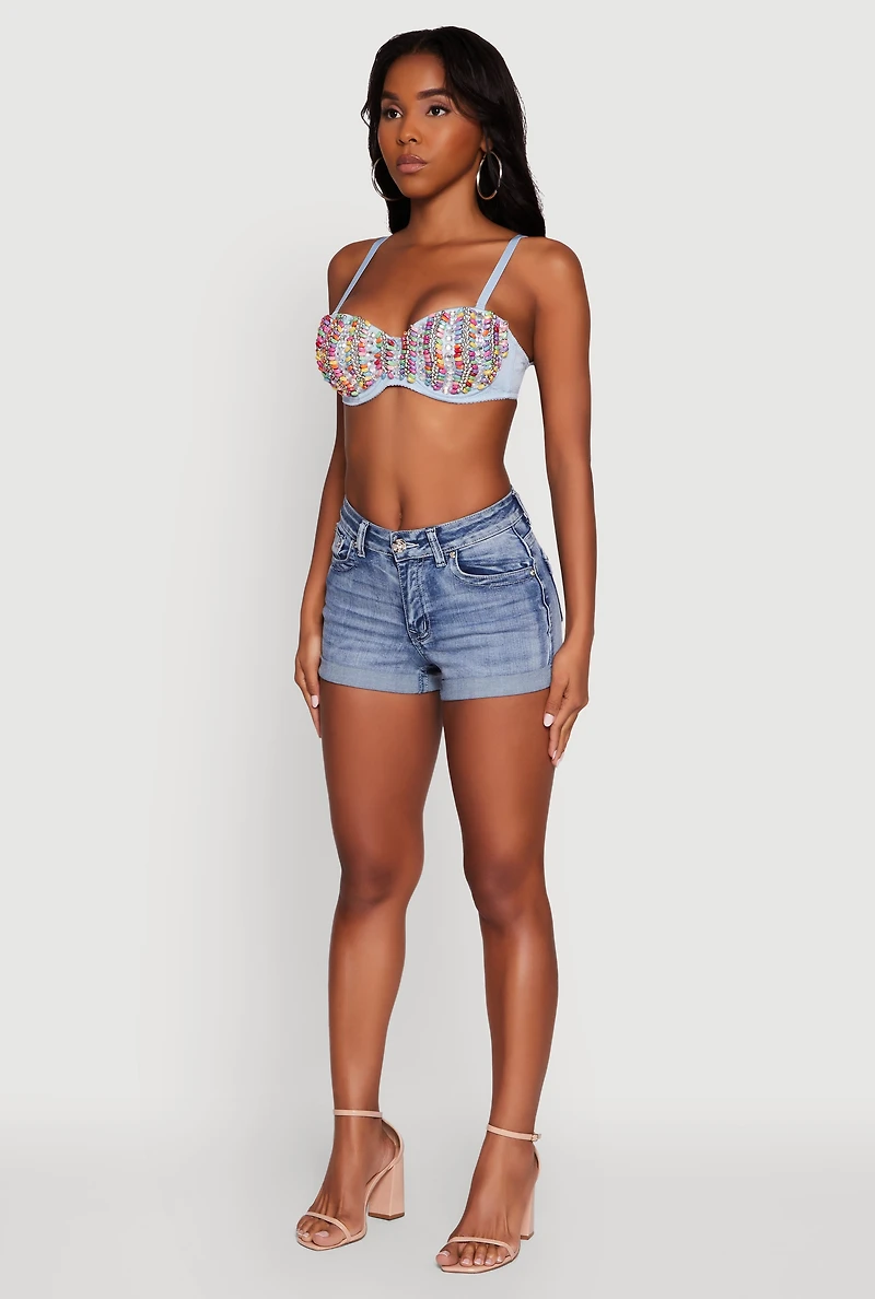 Womens Cropped Rhinestone Bustier Top, Multi, Size L