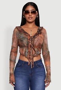 Womens Chic Mesh Tie Front Cropped Blouse with Bell Sleeves, Multi, Size M