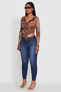 Womens Chic Mesh Tie Front Cropped Blouse with Bell Sleeves, Multi, Size M