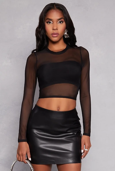 Womens Mesh Long Sleeve Crop Top,