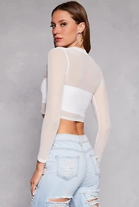 Womens Mesh Long Sleeve Crop Top, White, Size M