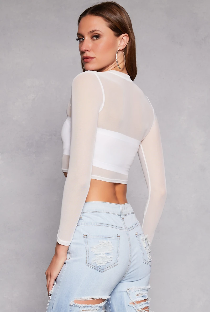 Womens Mesh Long Sleeve Crop Top, White, Size L