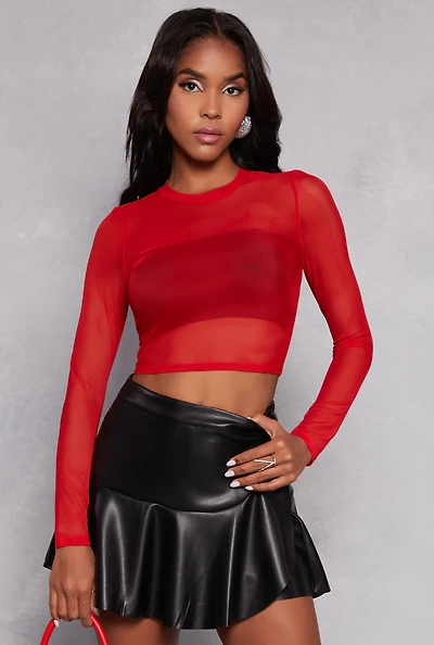 Womens Mesh Long Sleeve Crop Top,