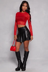 Womens Mesh Long Sleeve Crop Top, Red, Size S