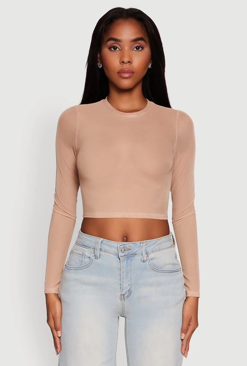 Womens Mesh Long Sleeve Crop Top, Beige, Size L