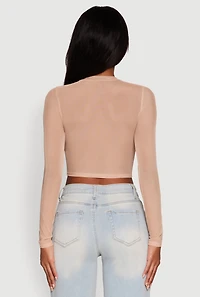 Womens Mesh Long Sleeve Crop Top, Beige, Size L