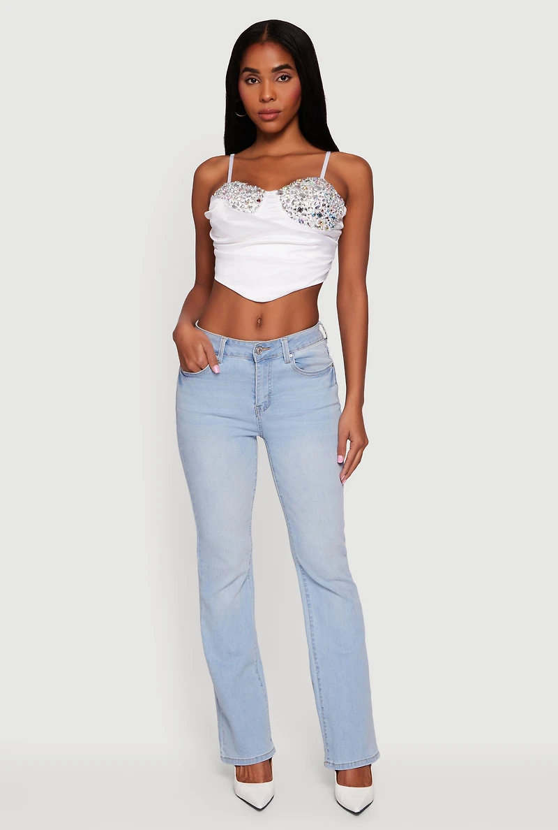 Womens Asymmetrical Rhinestone Cropped Bustier, White, Size L