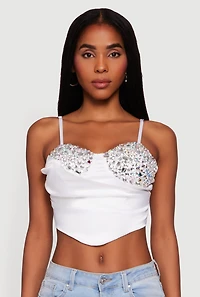 Womens Asymmetrical Rhinestone Cropped Bustier, White, Size L