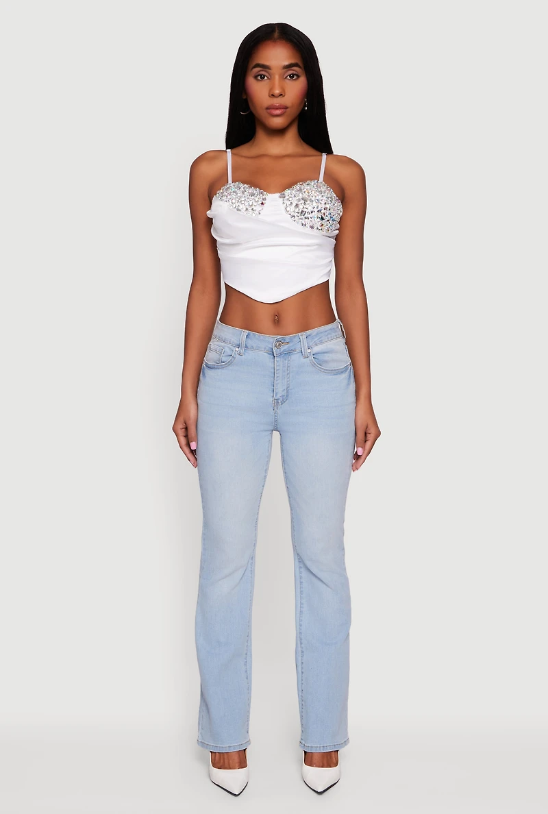 Womens Asymmetrical Rhinestone Cropped Bustier, White, Size L