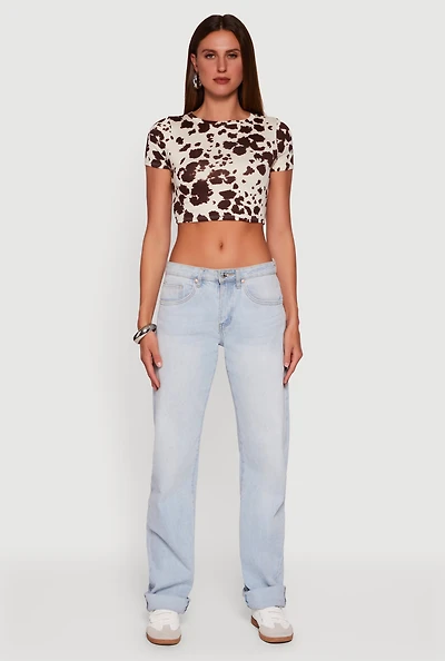 Womens Cow Print Short Sleeve Crop Top, Brown,