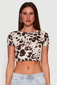 Womens Cow Print Short Sleeve Crop Top, Brown,