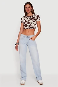 Womens Cow Print Short Sleeve Crop Top, Brown,