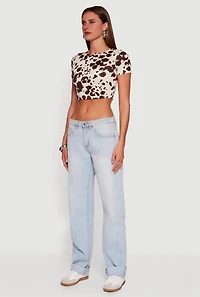 Womens Cow Print Short Sleeve Crop Top, Brown, Size L
