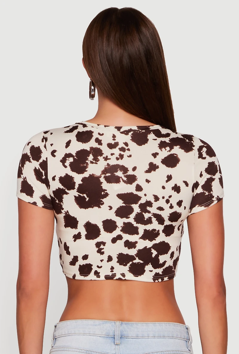 Womens Cow Print Short Sleeve Crop Top, Brown,