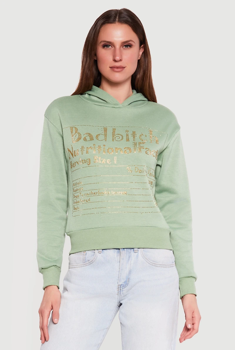 Bad Bitch Nutritional Facts Rhinestone Studded Hoodie