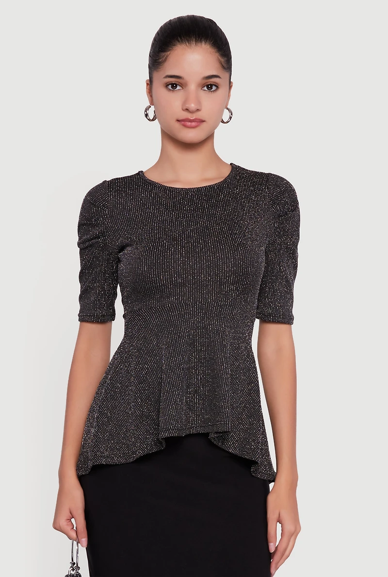 Womens Shimmery Lurex Tie Back Peplum Blouse, Black, Size L