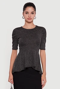 Womens Shimmery Lurex Tie Back Peplum Blouse, Black, Size L