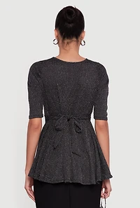 Womens Shimmery Lurex Tie Back Peplum Blouse, Black, Size L