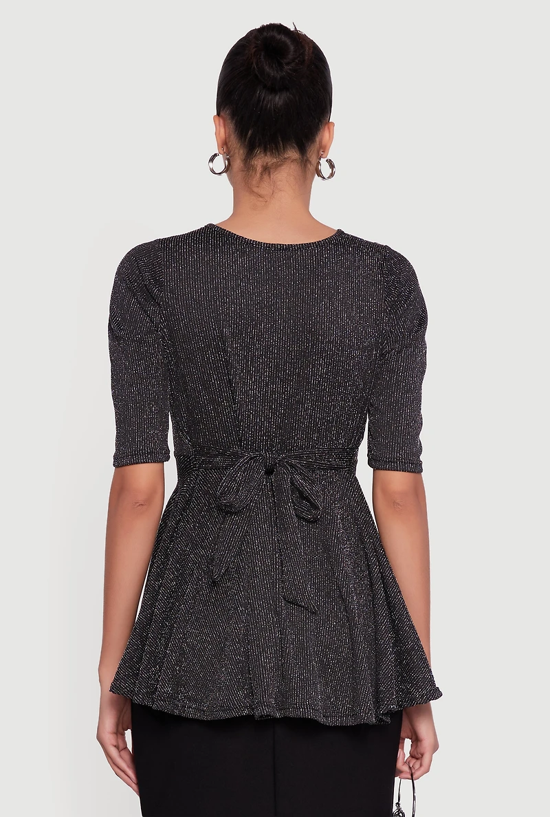 Shimmery Lurex Tie Back Peplum Blouse