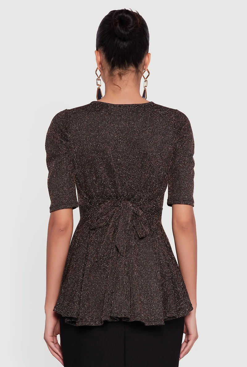 Shimmery Lurex Tie Back Peplum Blouse