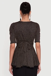 Shimmery Lurex  Tie Back Peplum Blouse