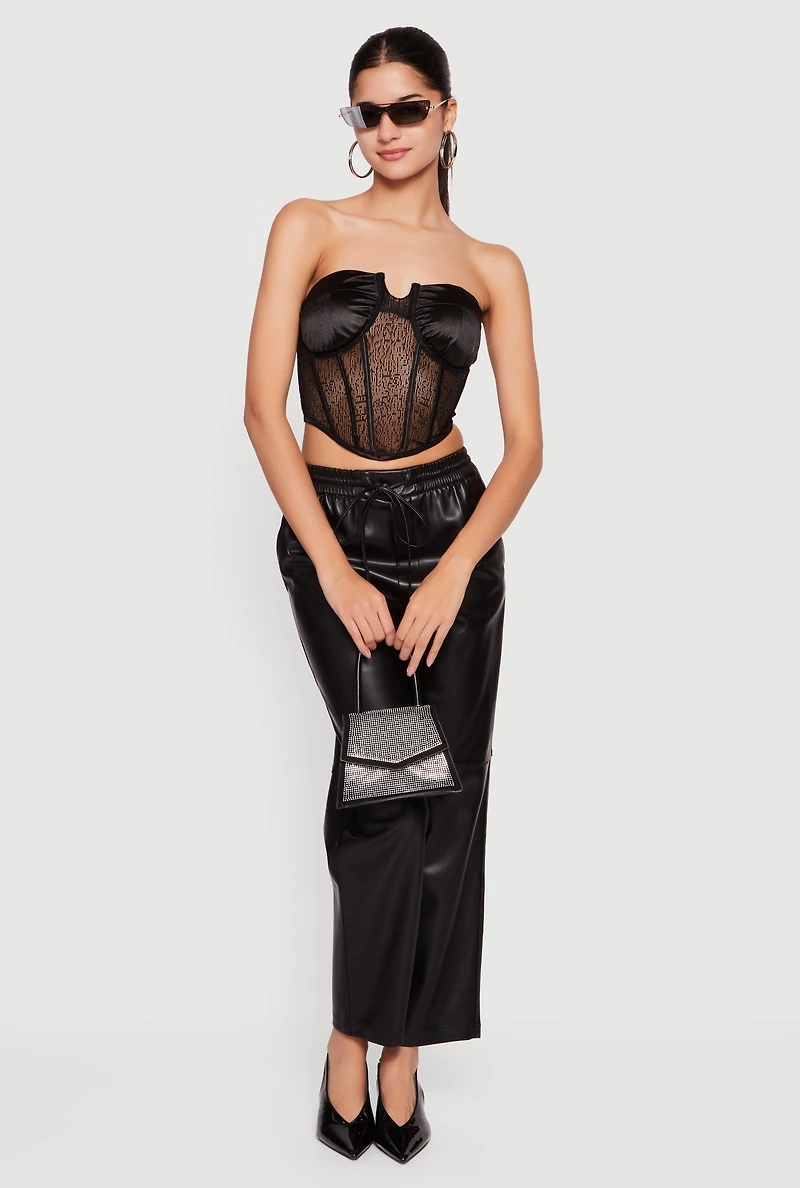 Womens Sheer Mesh Cropped Corset with Satin Cups, Black,
