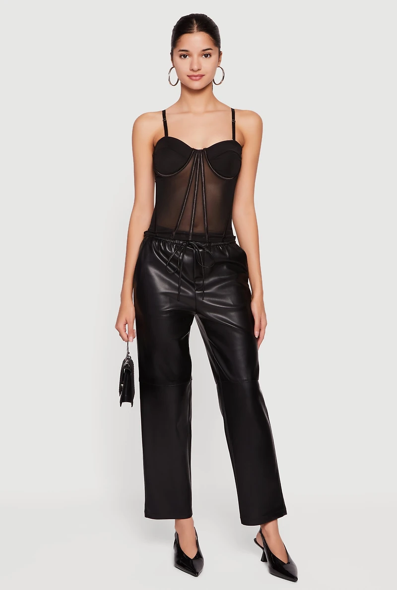 Womens Convertible To Strapless Boning Detail Mesh Bustier Top, Black,